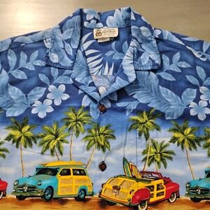 Vintage Aloha Republic Hawaiian Shirt Men's M Blue Palms Woodies Button Up USA